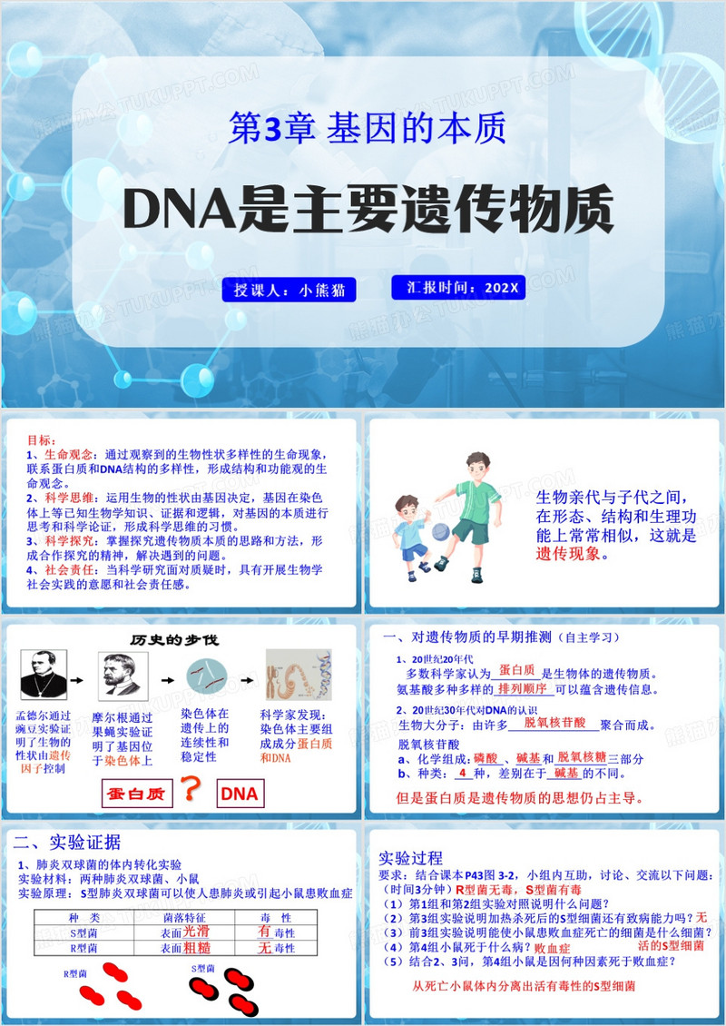 蓝色简约风DNA是主要遗传物质PPT模板