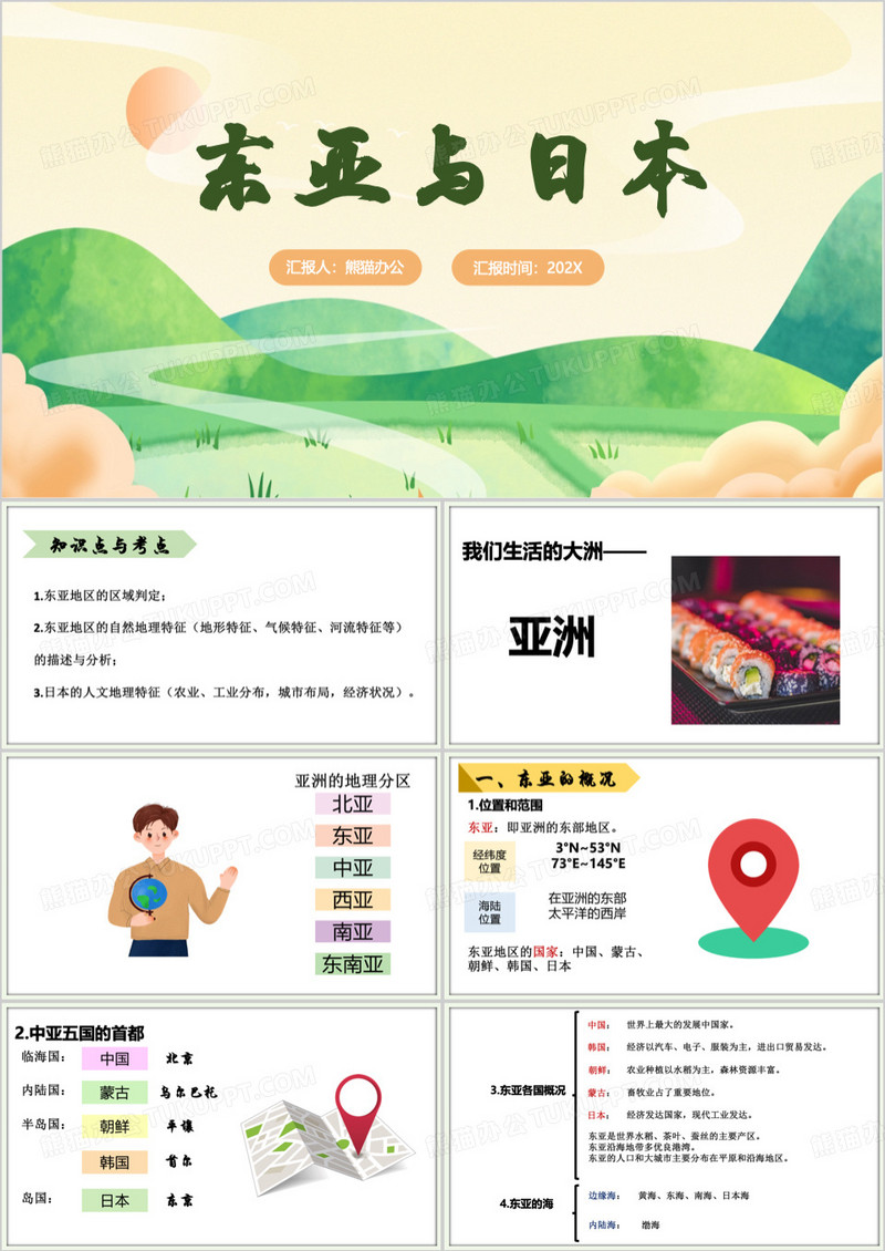 绿色简约风初中地理东亚与日本PPT模板
