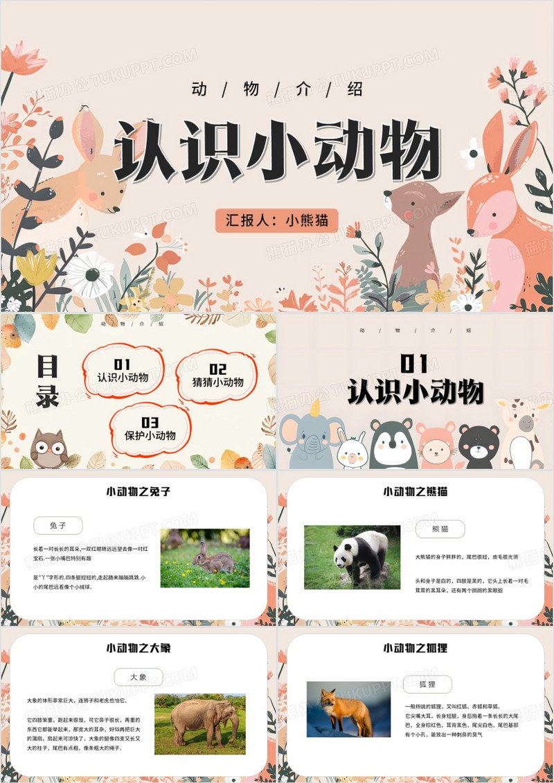 卡通风幼儿园认识小动物PPT模板