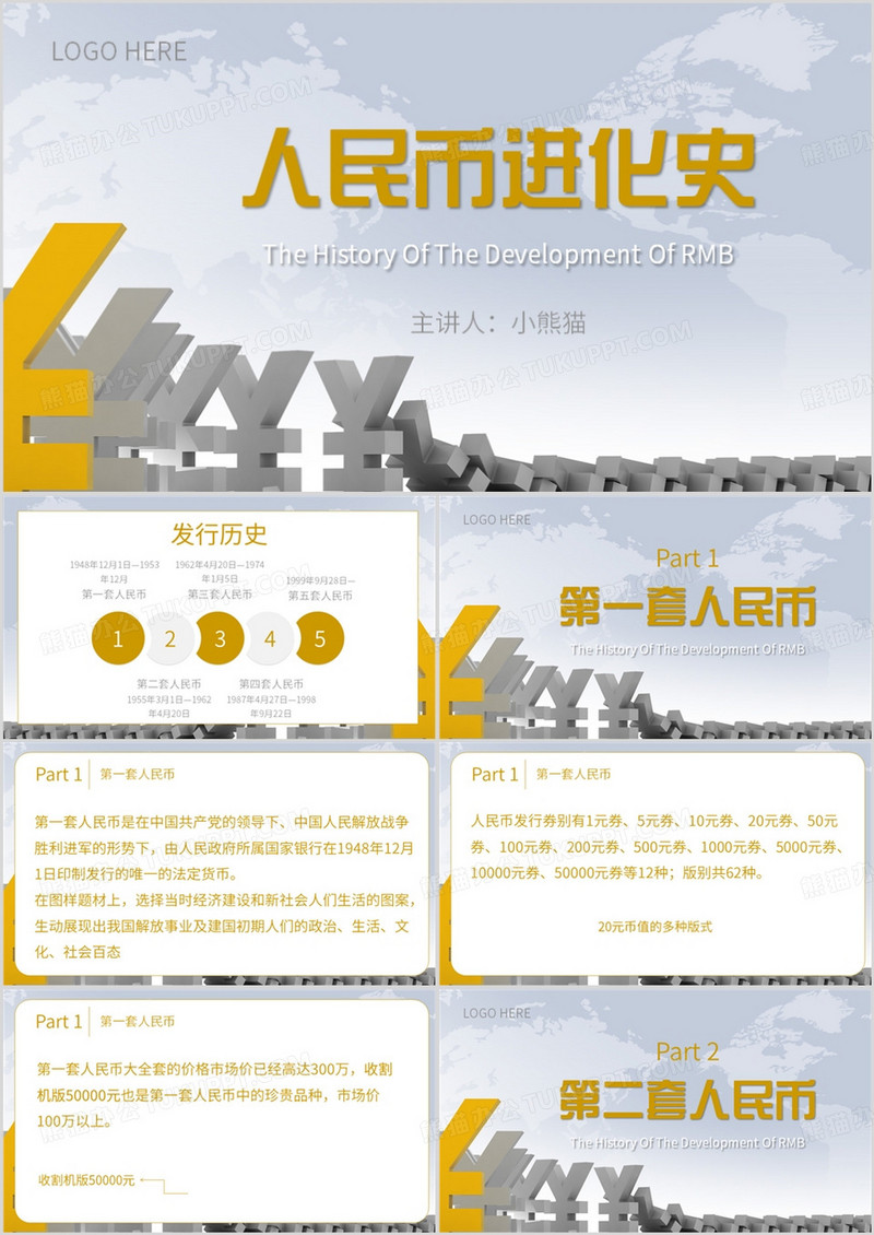 黄色简约风人民币进化史PPT模板