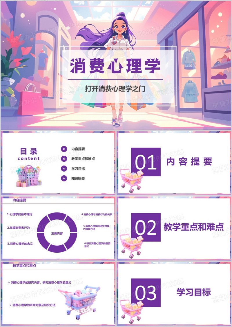紫色插画风打开消费心理学之门PPT模板