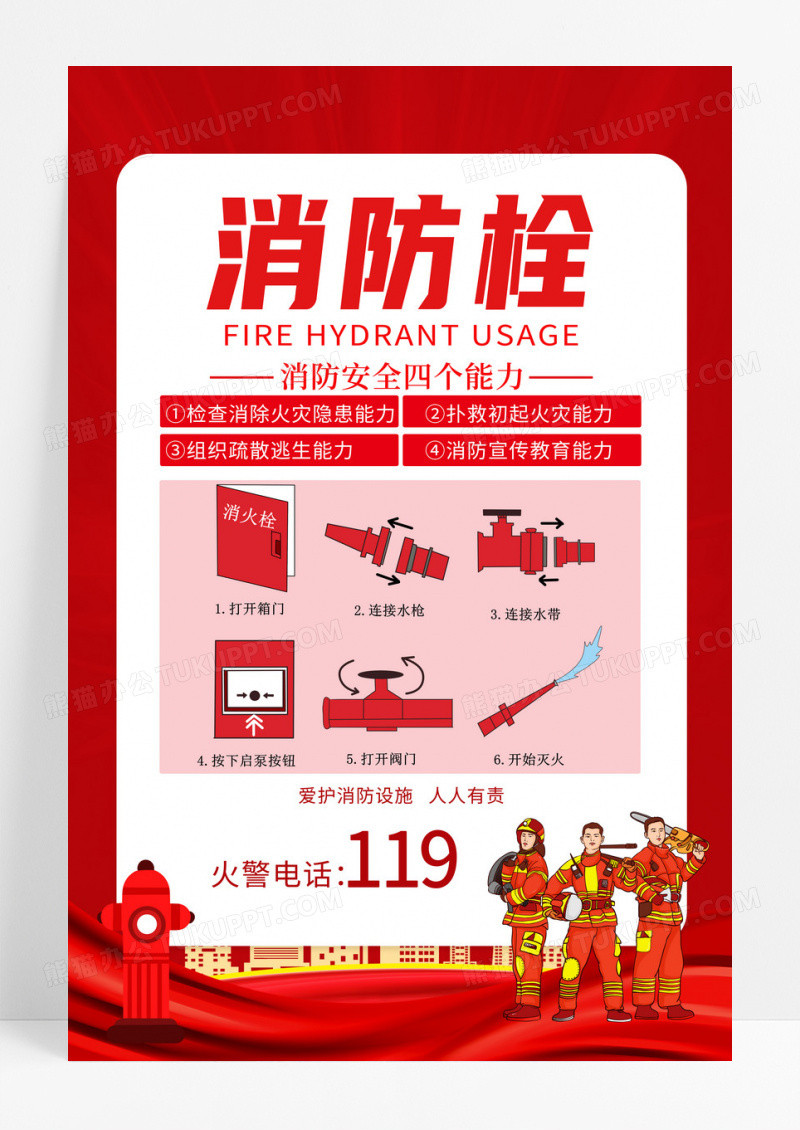 红色创意消防海报消防栓使用方法海报设计