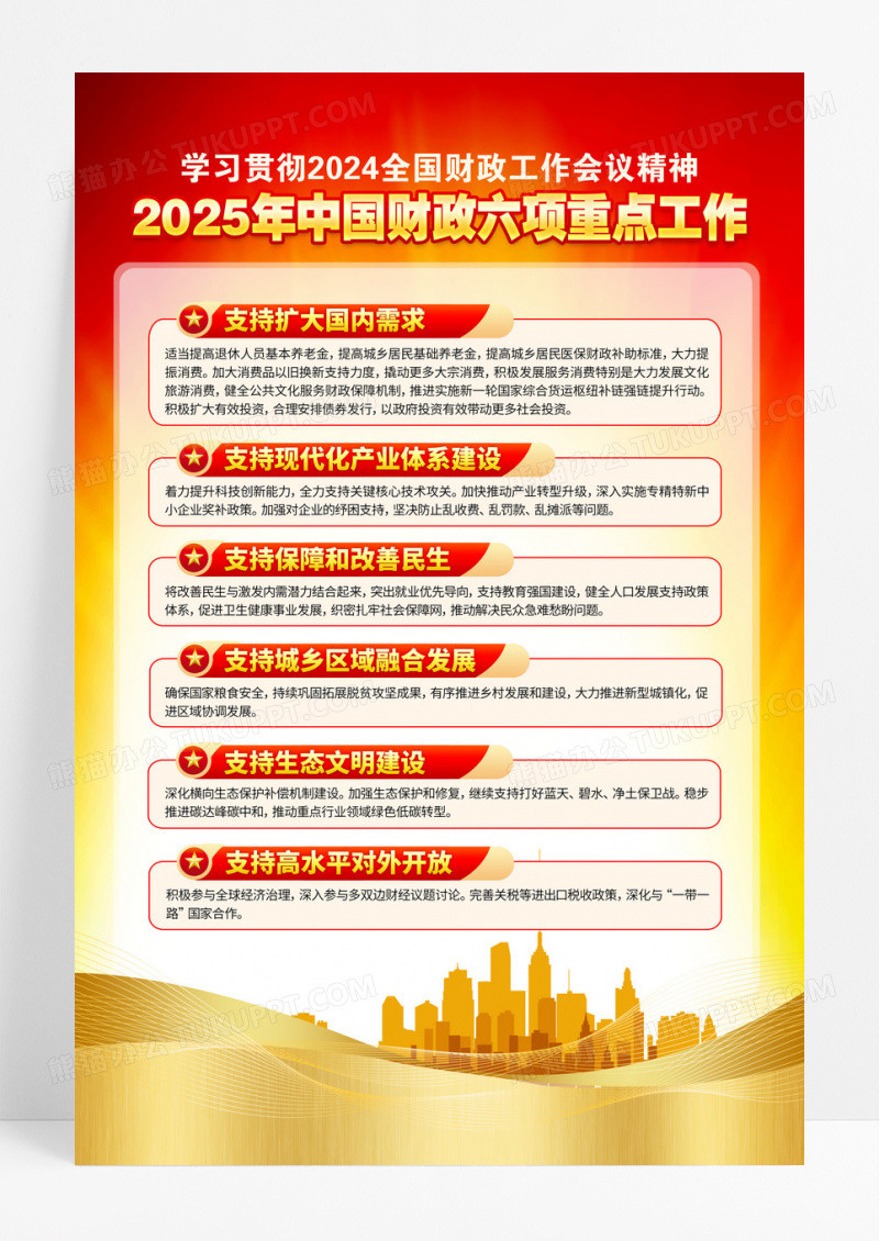 红色2025年全国财政六项重点工作海报