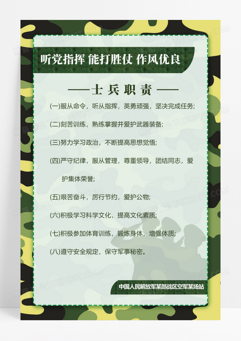 迷彩边框士兵职责部队制度海报设计