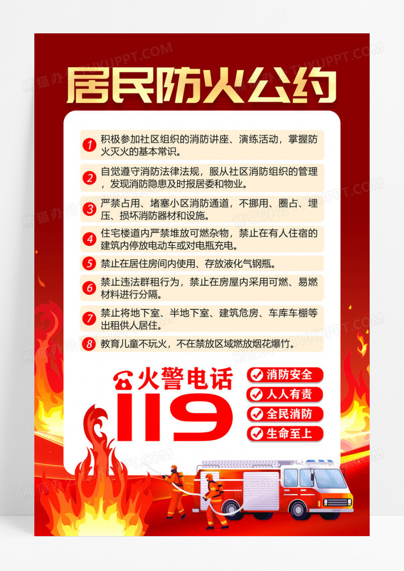 红色居民防火公约社区消防安全海报