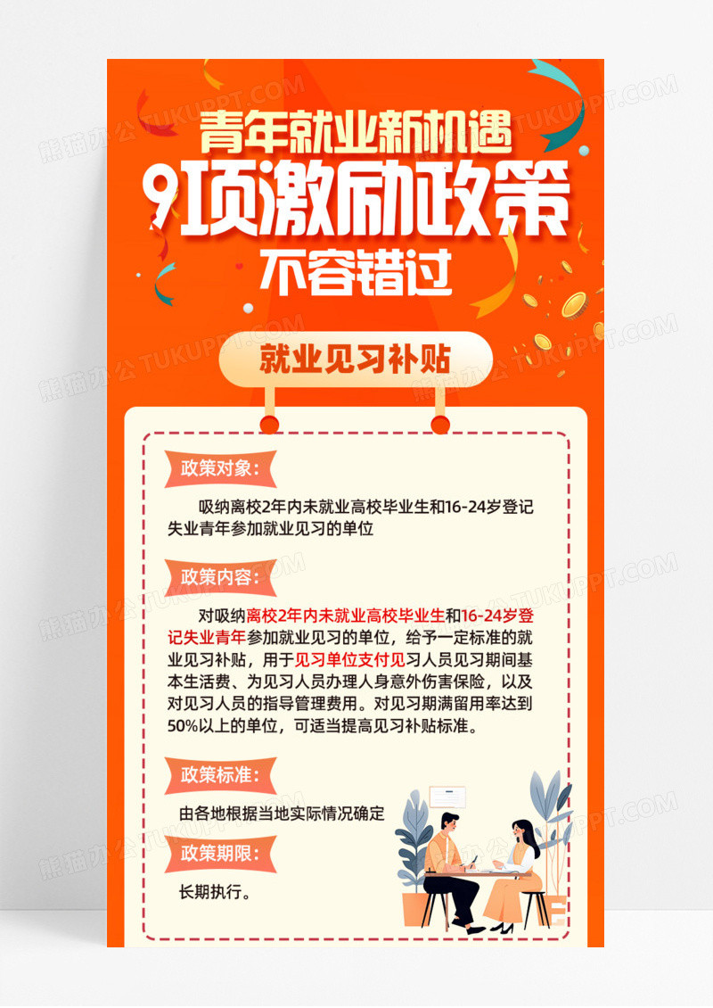 青年就业9项激励政策补贴手机宣传海报长图