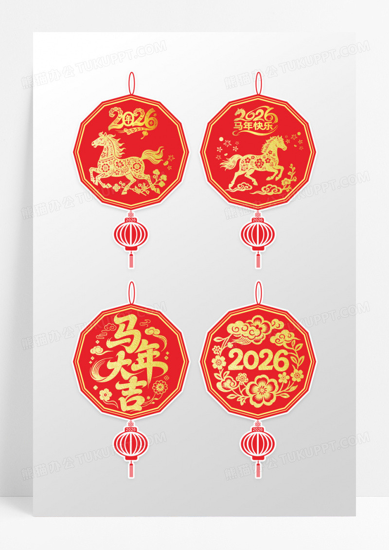 大气红金剪纸风格马年挂件门挂设计