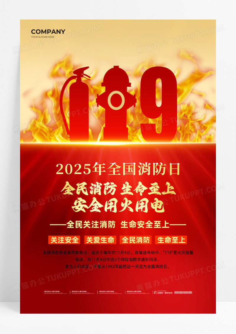 红金党政安全用电用火2025年119全国消防日海报