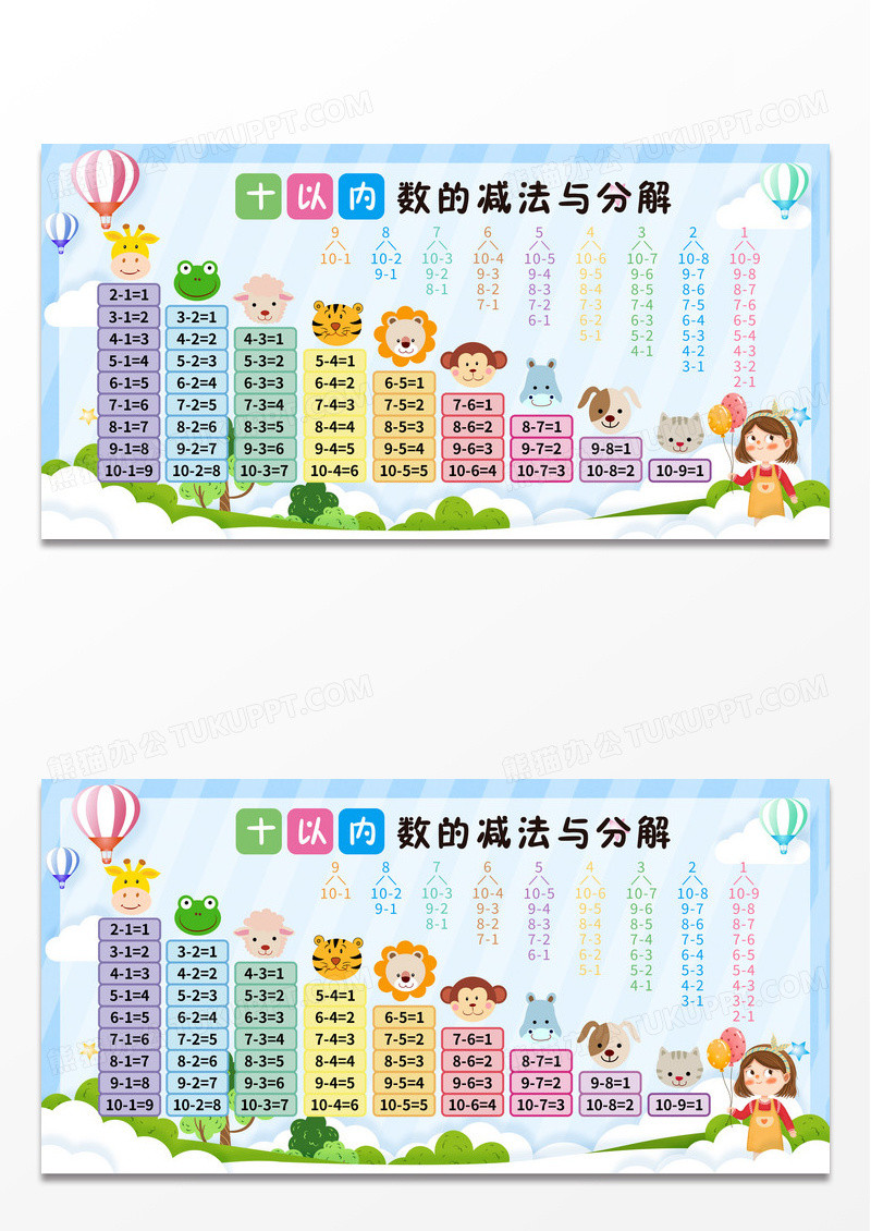 卡通风学前教育10以内加减法口诀表展板