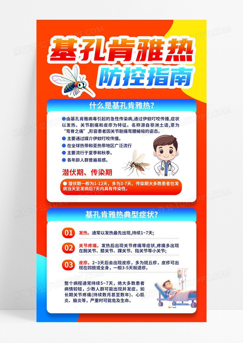 橙色蓝色简约基孔肯雅热疾病预防防蚊虫科普健康海报
