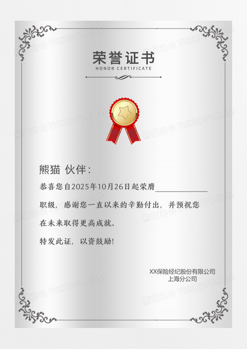 银色简约保险股份证书荣誉证书铜牌