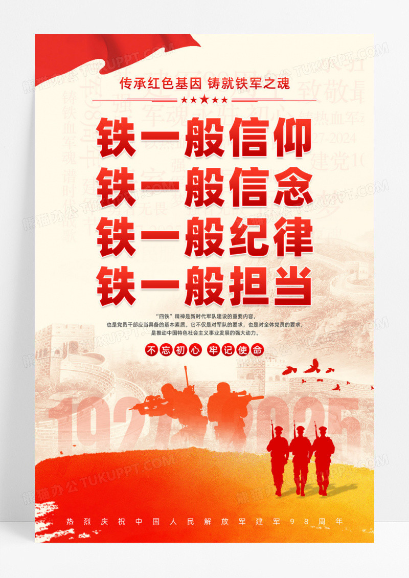 传承红色基因四铁精神部队军队党建海报