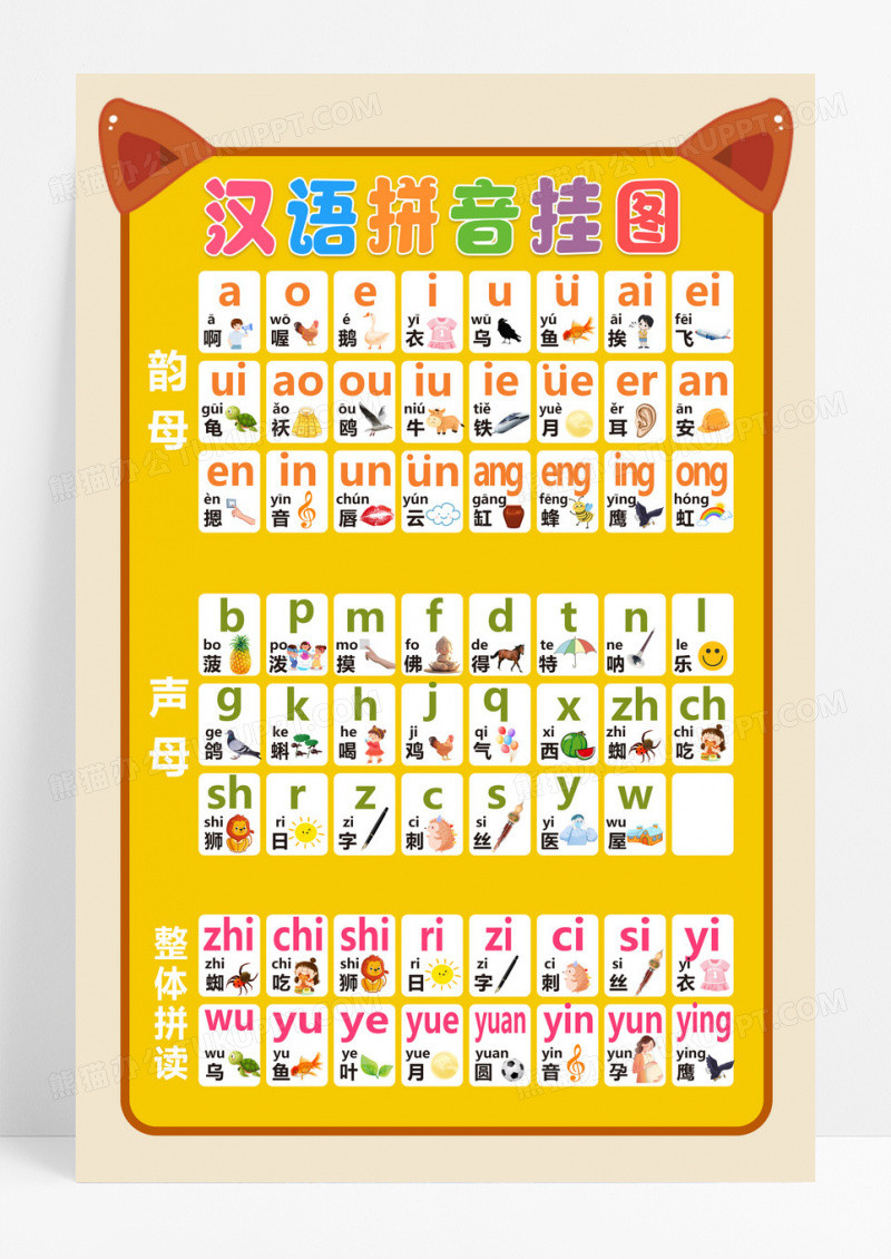 黄色卡通汉语拼音字母宣传海报口诀表