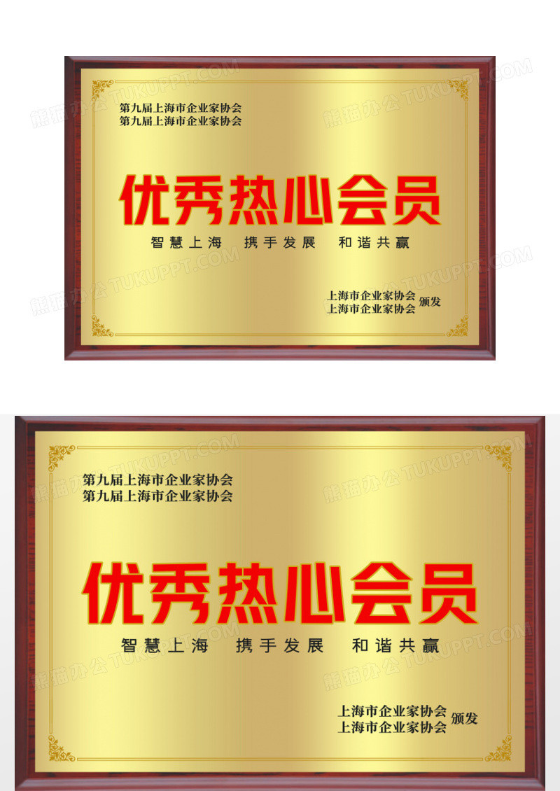 金色简约企业优秀热心会员红木边铜牌证书