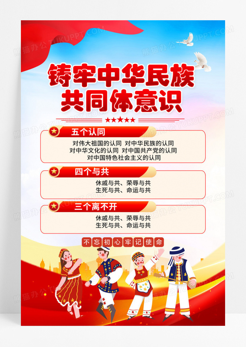 蓝色铸牢中华民族共同体意识民族团结进步海报