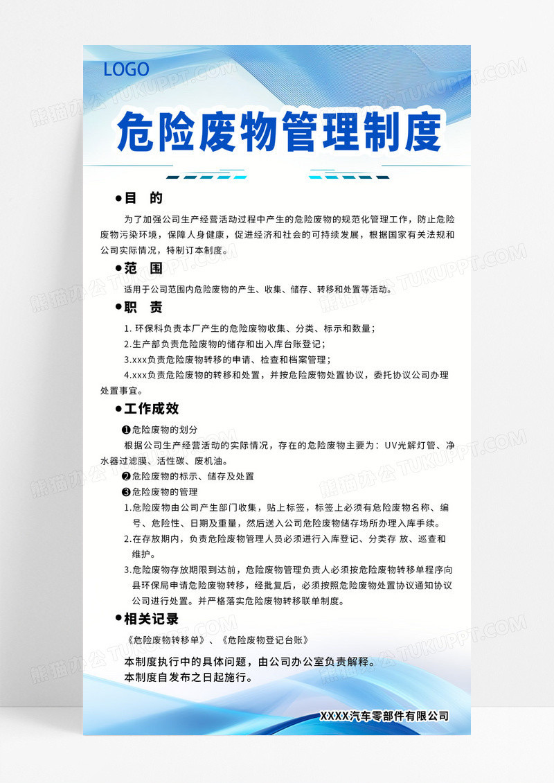 简约大气科技蓝色危险废物管理责任制度公示海报