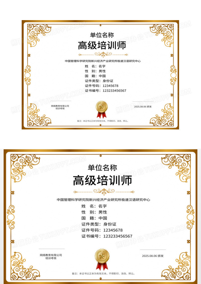 金色简洁高端高级培训师培训证书设计