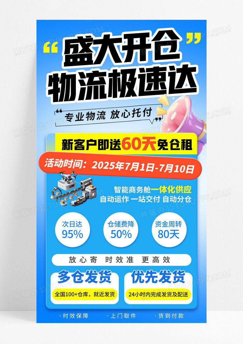 蓝色3D盛大开仓物流极速达促销活动手机宣传海报