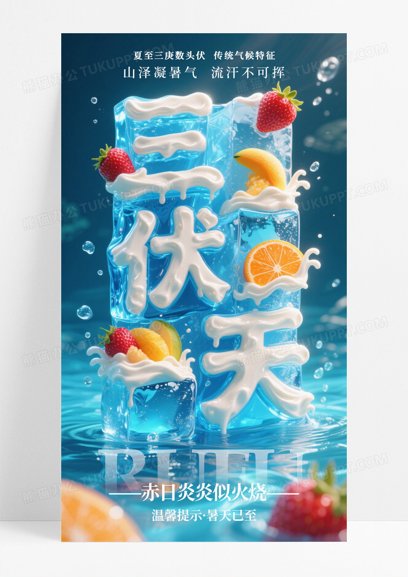 简约插画夏季三伏天手机宣传海报