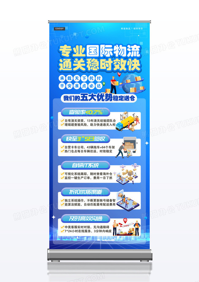 蓝色国际快递物流企业展架物流快递展架