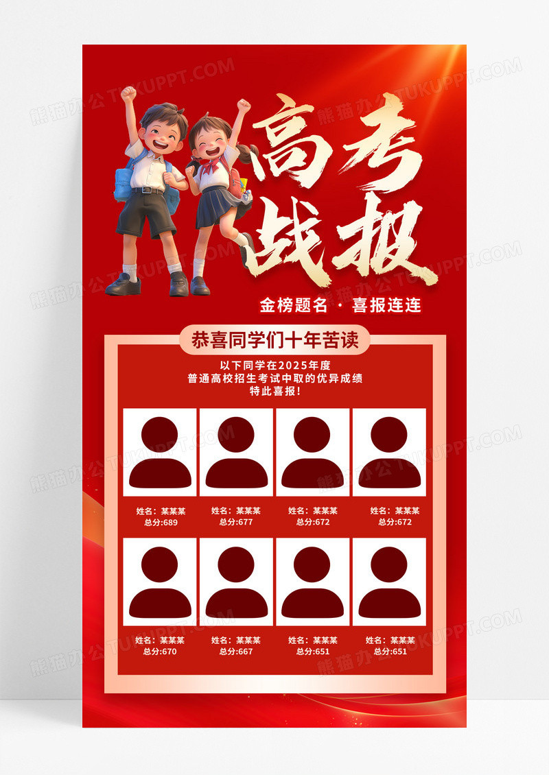 3D潮流卡通红金大气高考喜报喜榜状元榜海报
