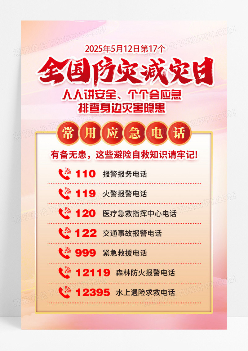 红色简约2025年防灾减灾月应急电话海报