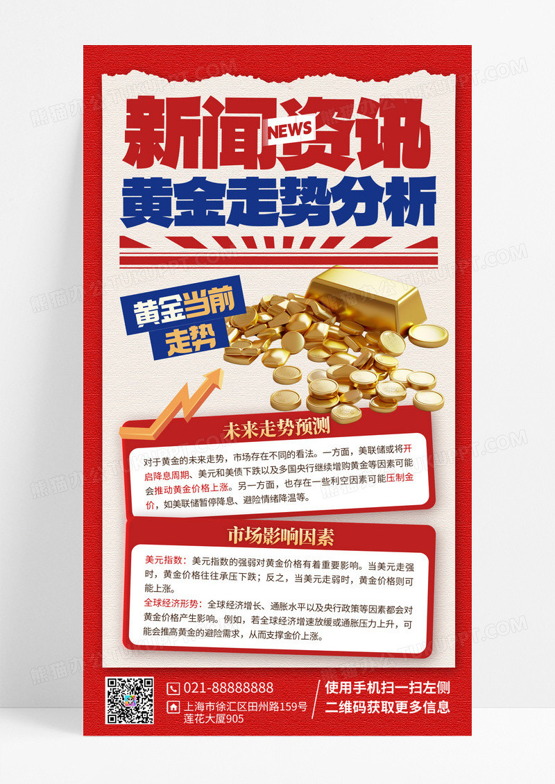 黄金走势新闻资讯红色简约大气手机海报