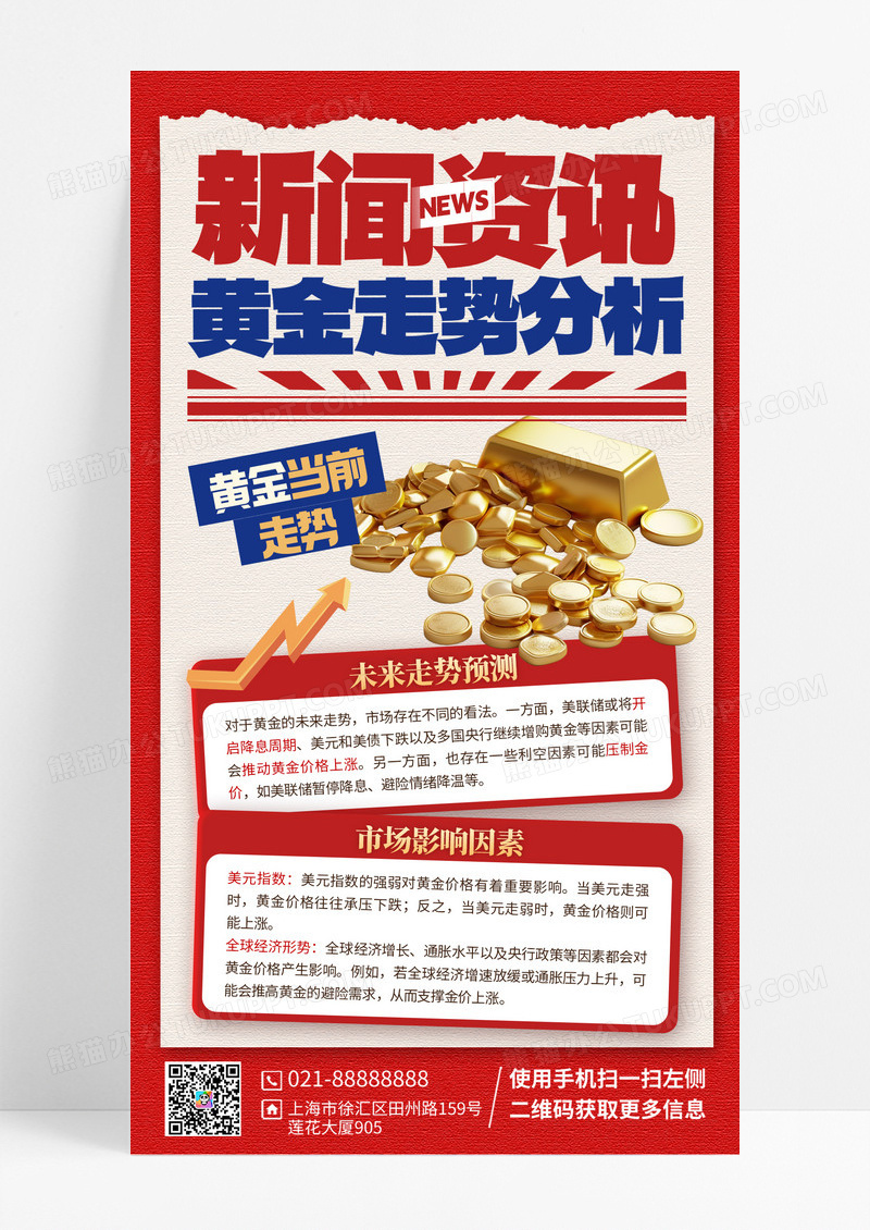 黄金走势新闻资讯红色简约大气手机海报