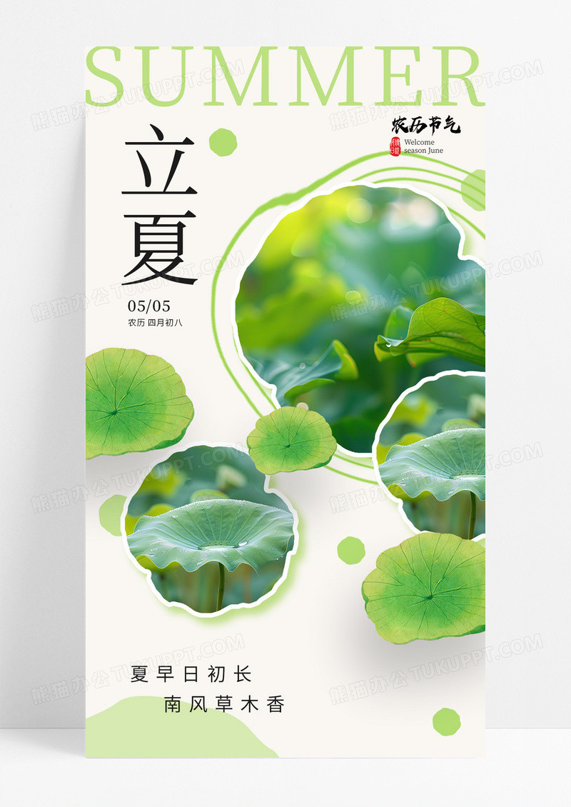 绿色实拍风二十四节气立夏荷叶海报