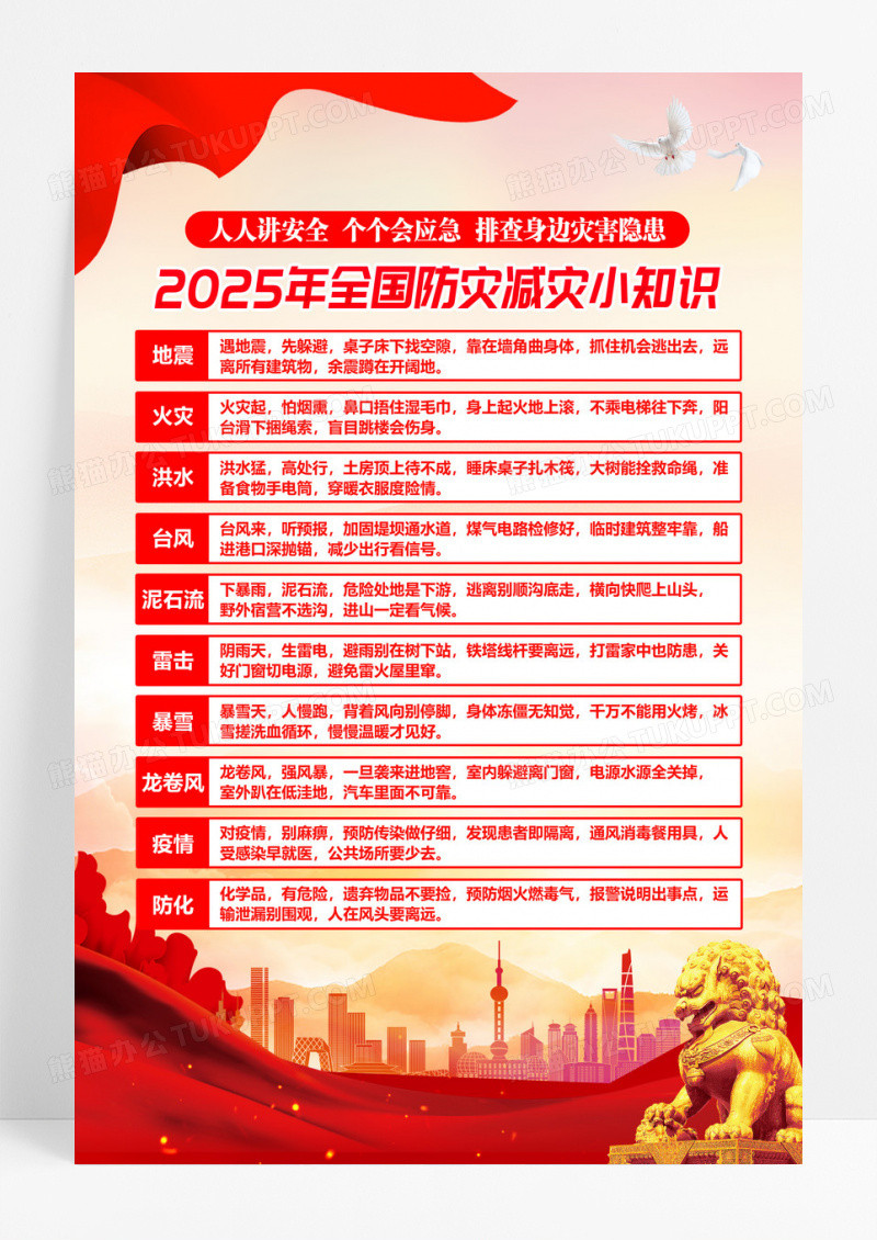 红色党建风2025年全国防灾减灾日小知识活动挂画