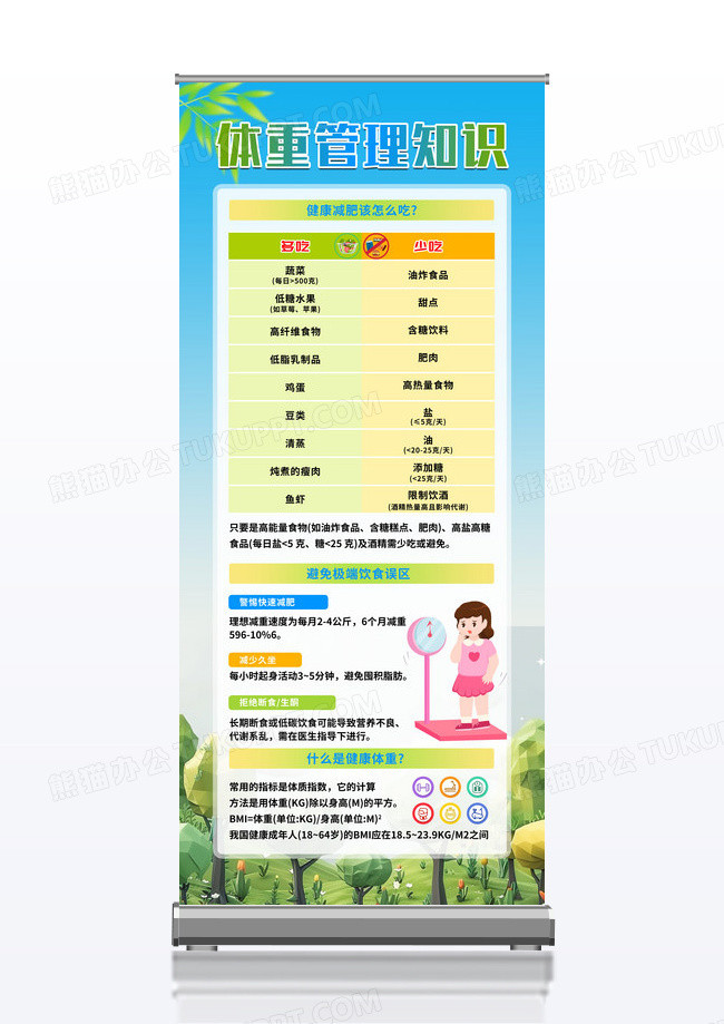 蓝色清新简约体重管理年宣传知识宣传易拉宝展架