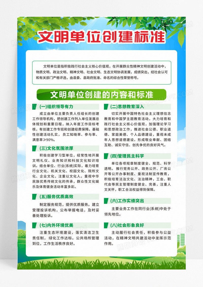 绿色简约大气创建文明单位创建标准海报