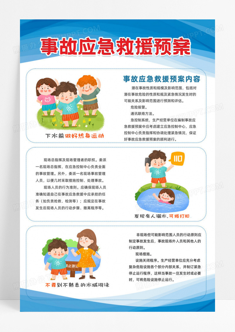 蓝色简约风事故应急溺水救援预案海报