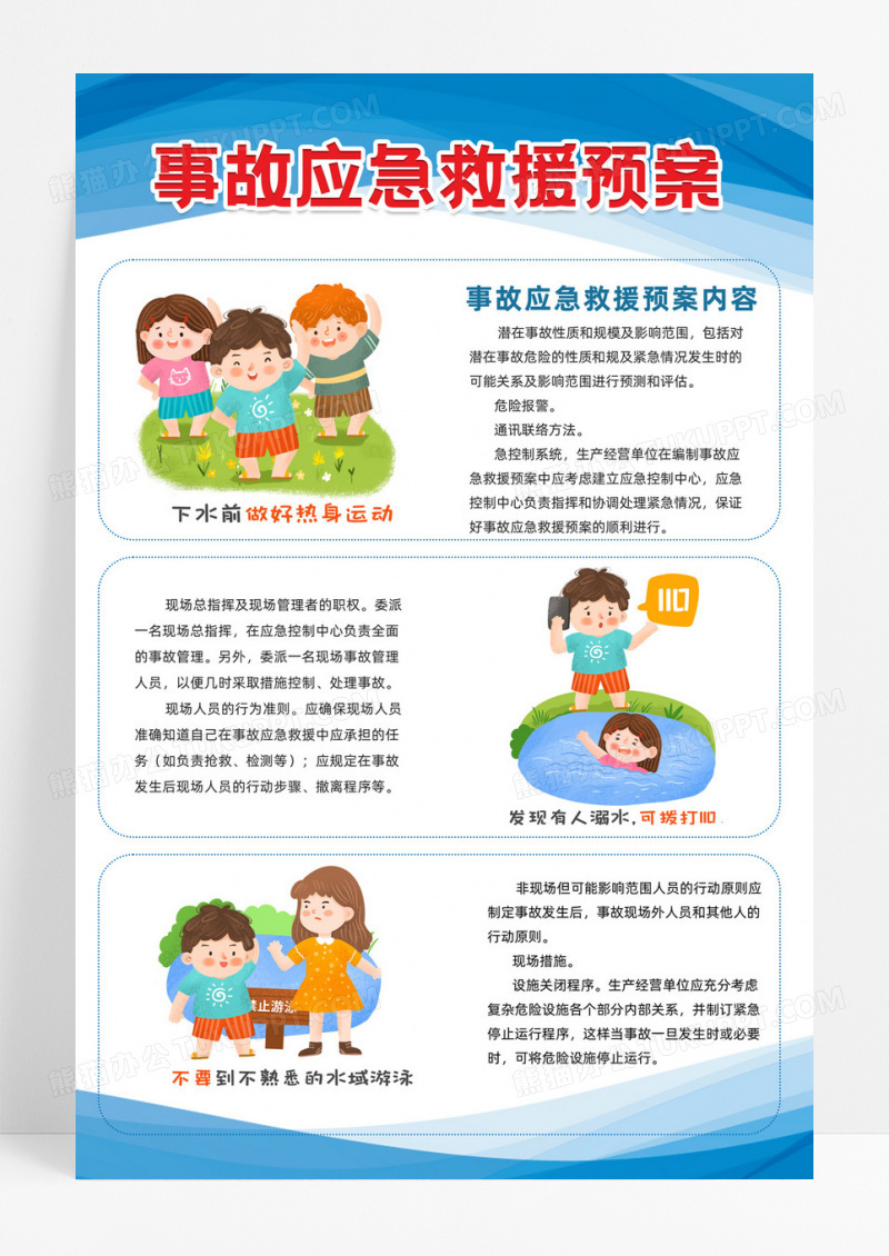 蓝色简约风事故应急溺水救援预案海报