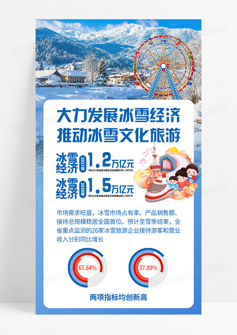 蓝色插画全链条协同激发冰雪经济活力手机宣传海报