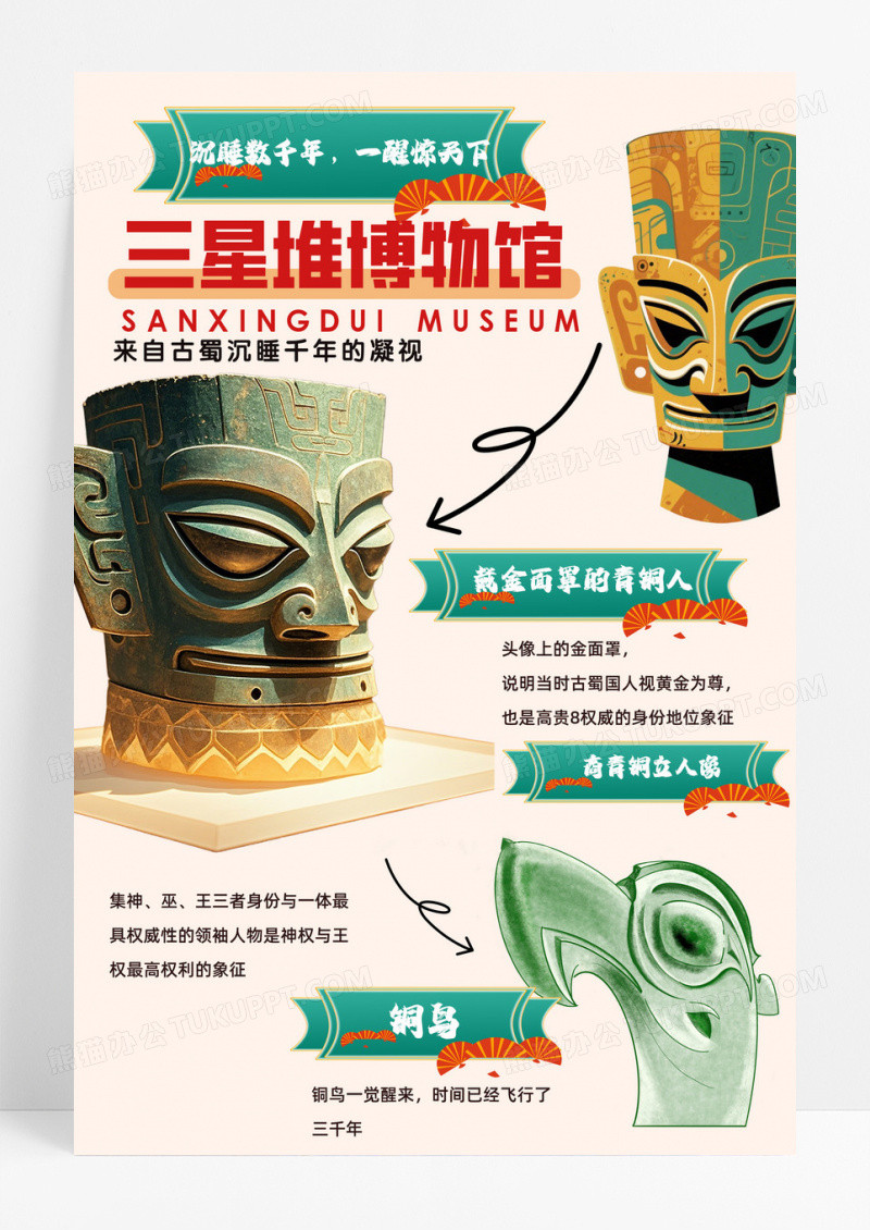 三星堆博物馆简约插画手绘手抄报