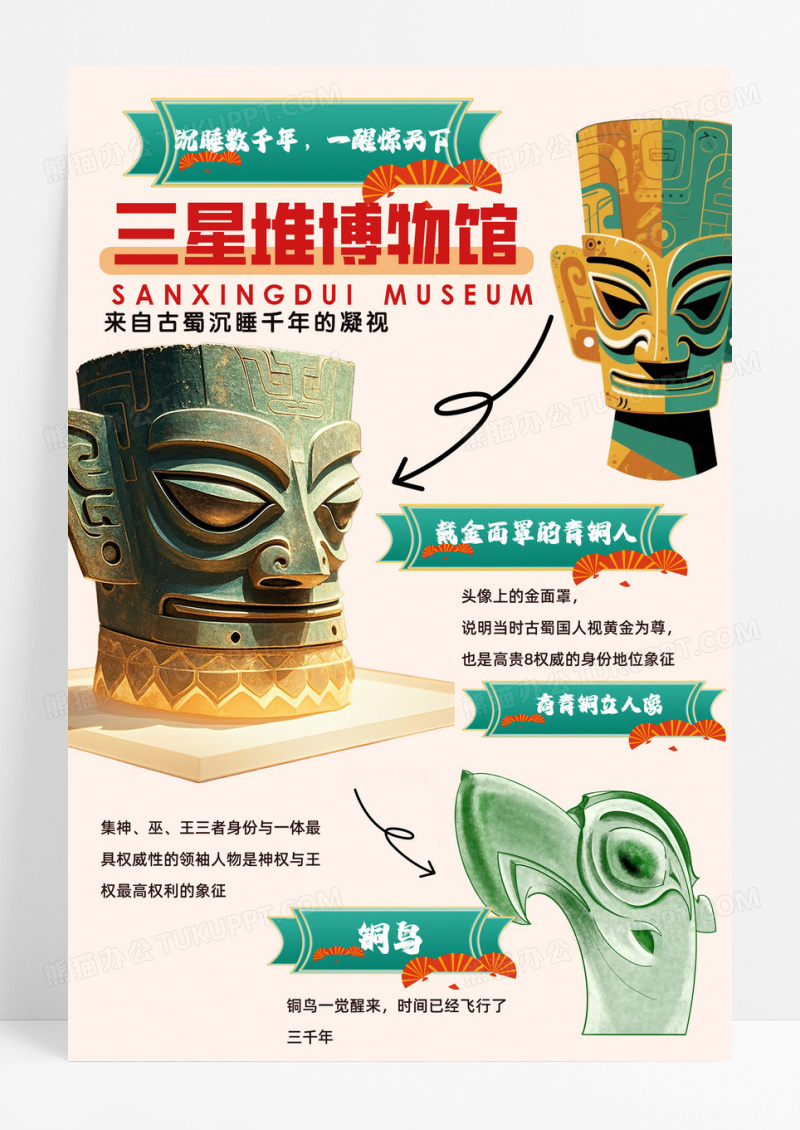 三星堆博物馆简约插画手绘手抄报
