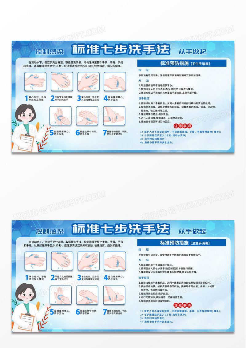 蓝色卡通创意七步洗手法宣传栏展板