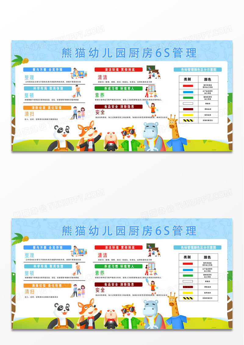 简约时尚卡通创意熊猫幼儿园厨房6s管理宣传展板