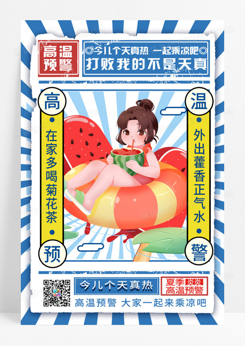 蓝色复古风卡通高温预警宣传海报