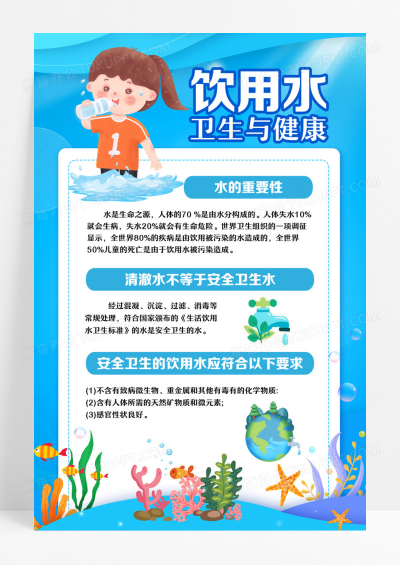 淡绿色卡通饮用水健康与卫生清新文案海报