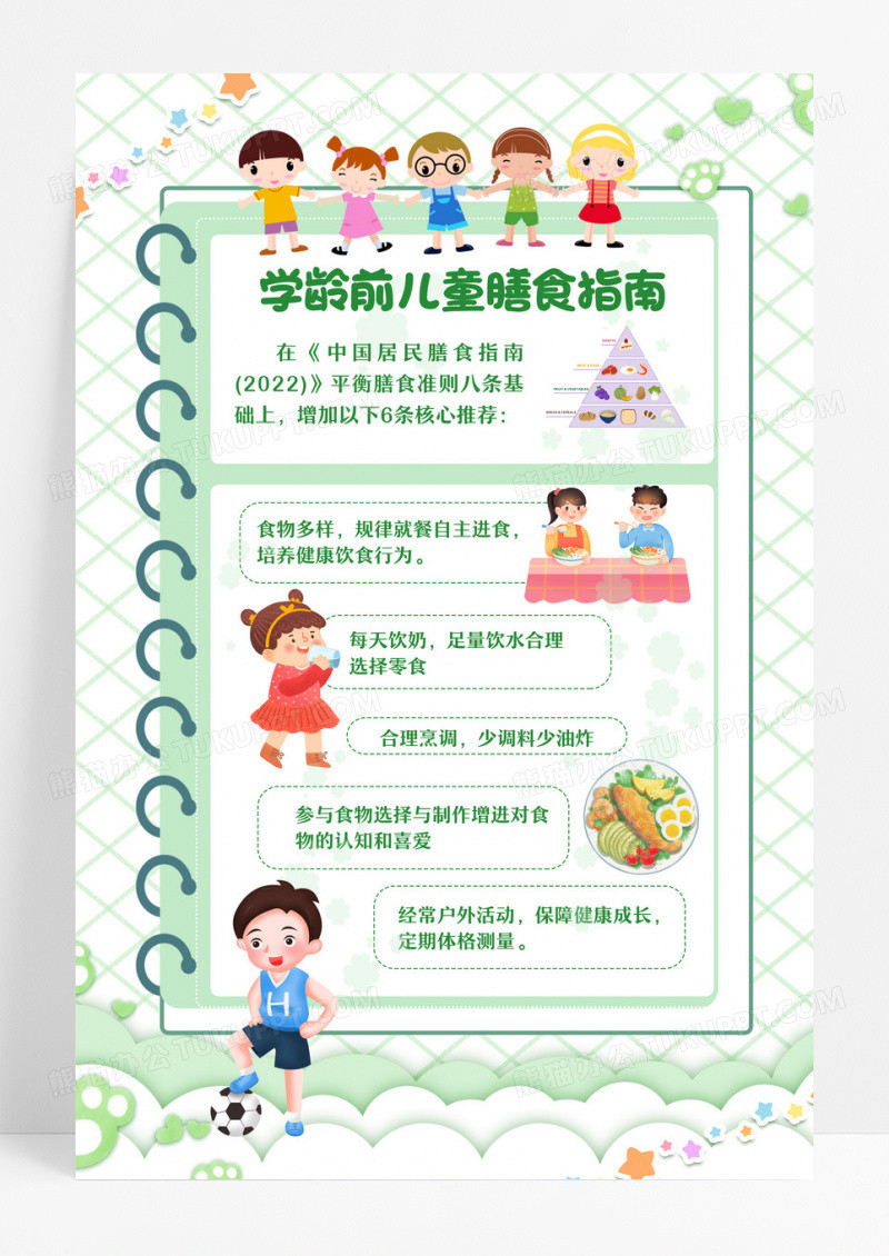 绿色卡通儿童中国学龄前儿童营养膳食指南海报儿童饮食健康海报设计