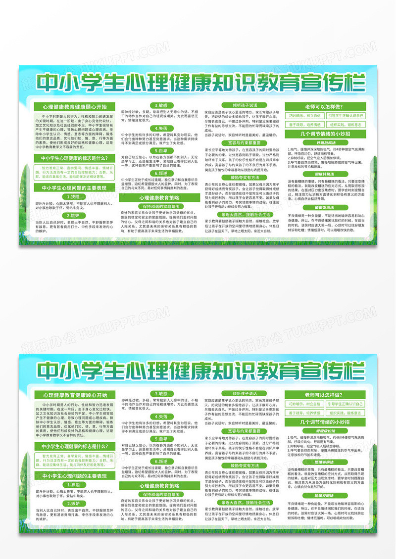 绿色卡通中小学生心理健康知识教育宣传栏心理健康展板