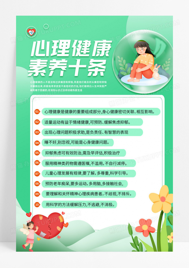 小清新绿色心理健康素养十条海报设计条约
