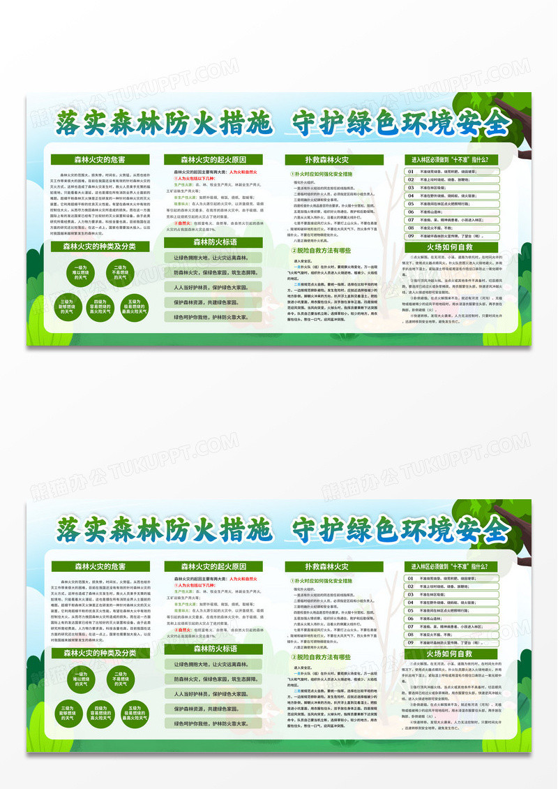 绿色清新手绘森林防火宣传知识科普宣传栏展板设计