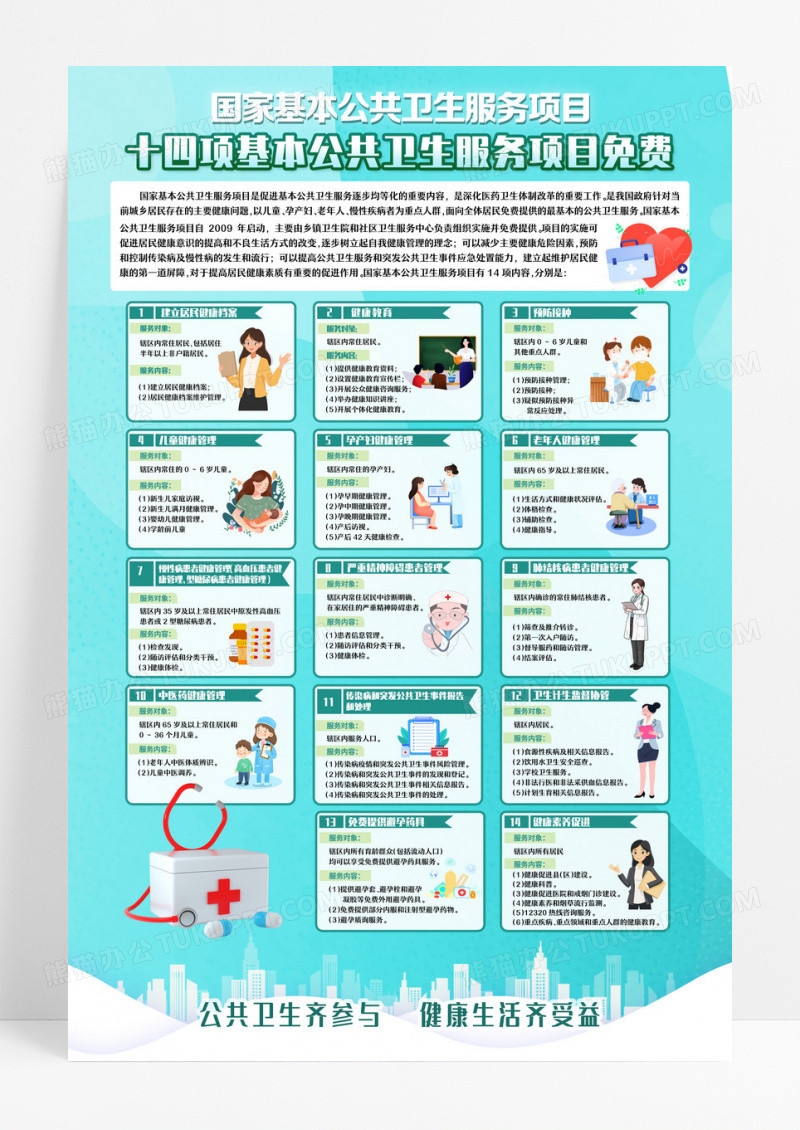 绿色蓝色彩色世界卫生日国家基本卫生公共服务海报设计