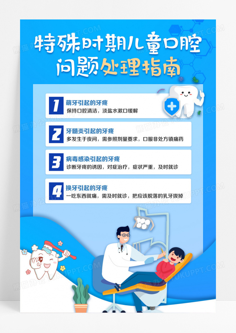 蓝色医疗插画风儿童牙疼口腔护理海报儿童口腔海报设计
