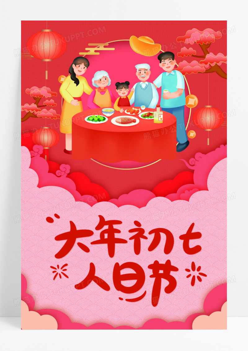 红色过年春节习俗初一到初八新年春节系列图初七海报