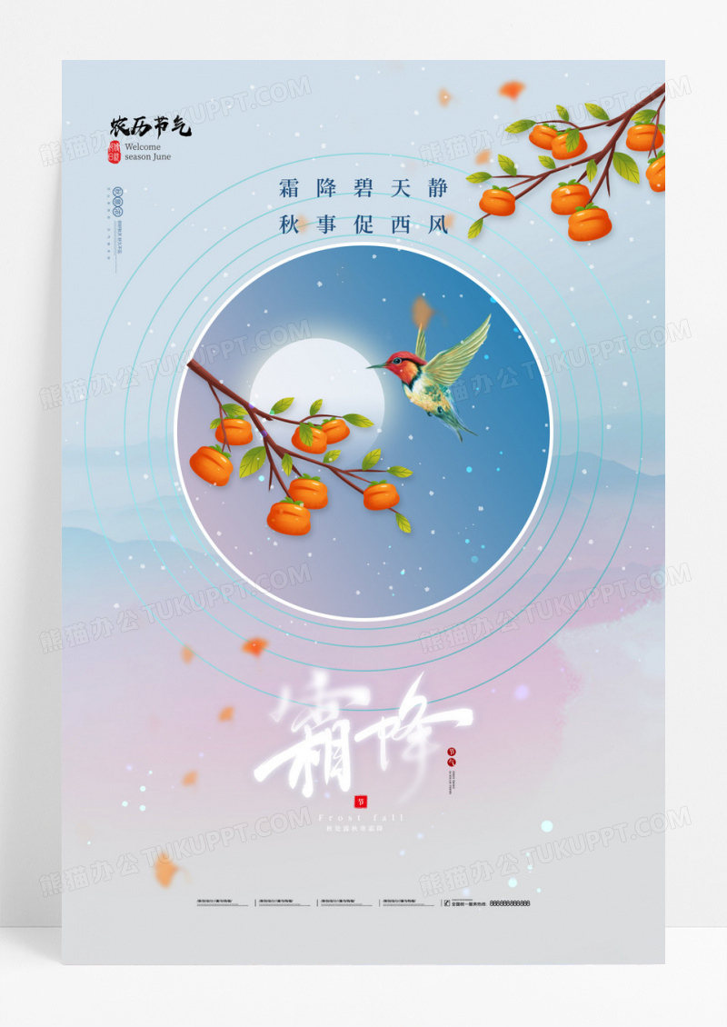 霜降柿子小鸟中国风海报