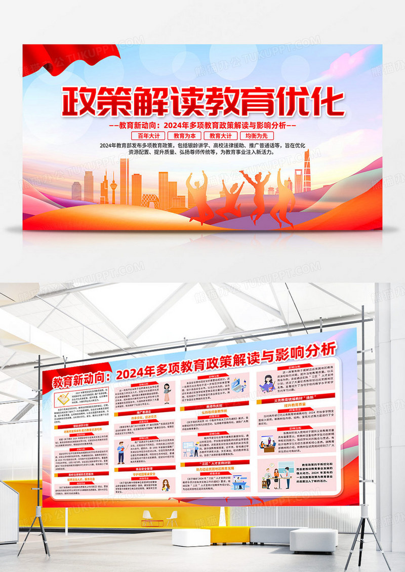 红色简约大气2024年政策解读教育优化双面展板